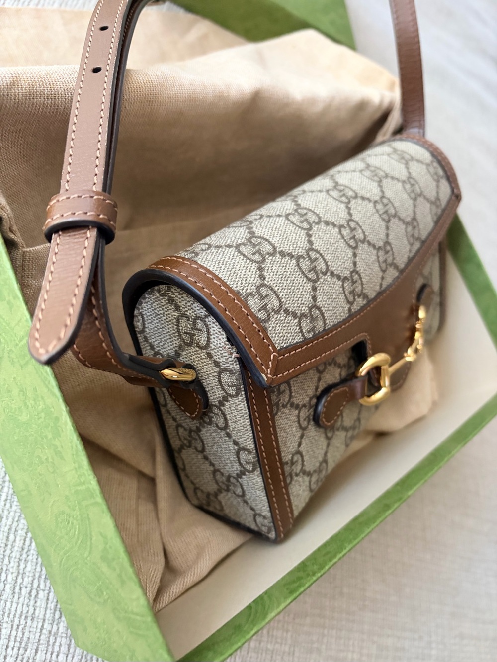 Gucci Beige GG Canvas Crossbody with Brown Leather Trim - Picture 4 of 9